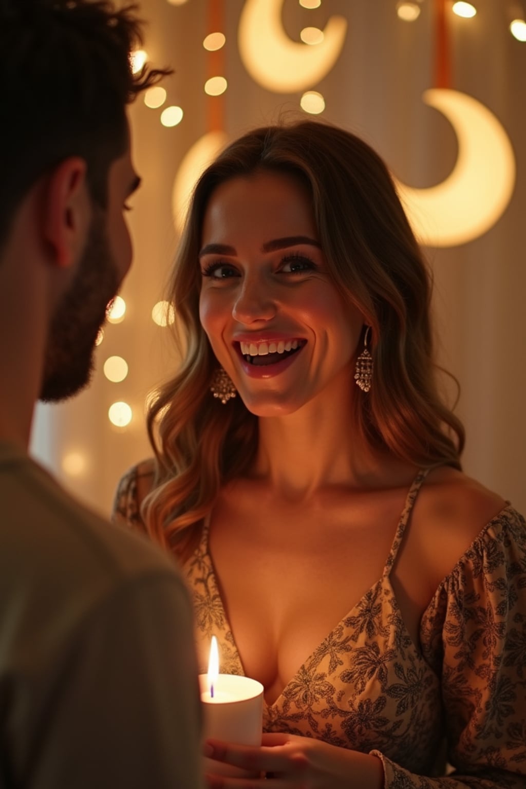 a woman with a happy expression while exchanging Eid greetings in a beautifully decorated space , adding a festive quality to their Eid celebration, with soft golden lights and crescent moon decorations visible in the background