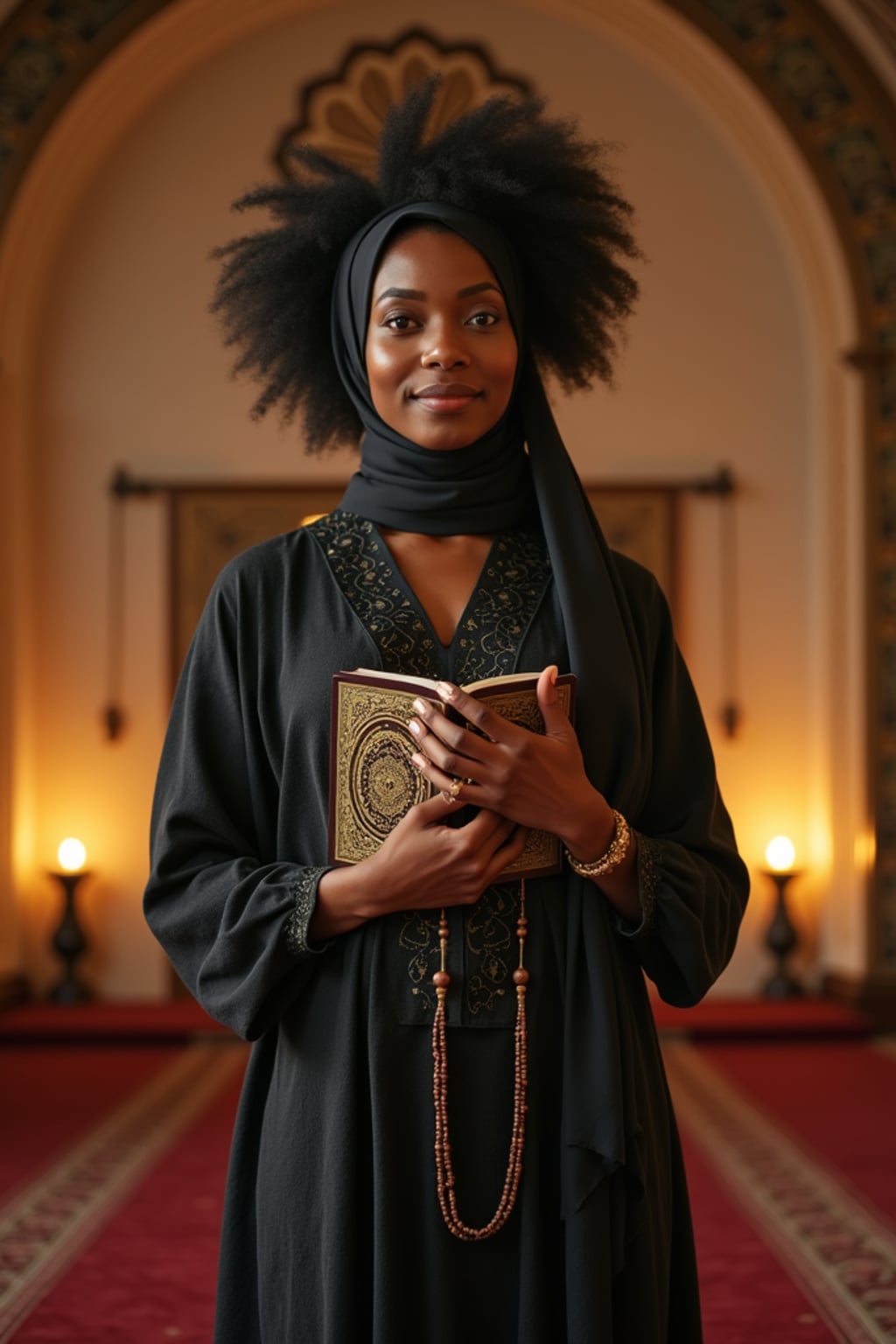 a woman with hands holding a Quran and prayer beads , standing out in a beautifully decorated prayer space with soft lighting and Islamic calligraphy