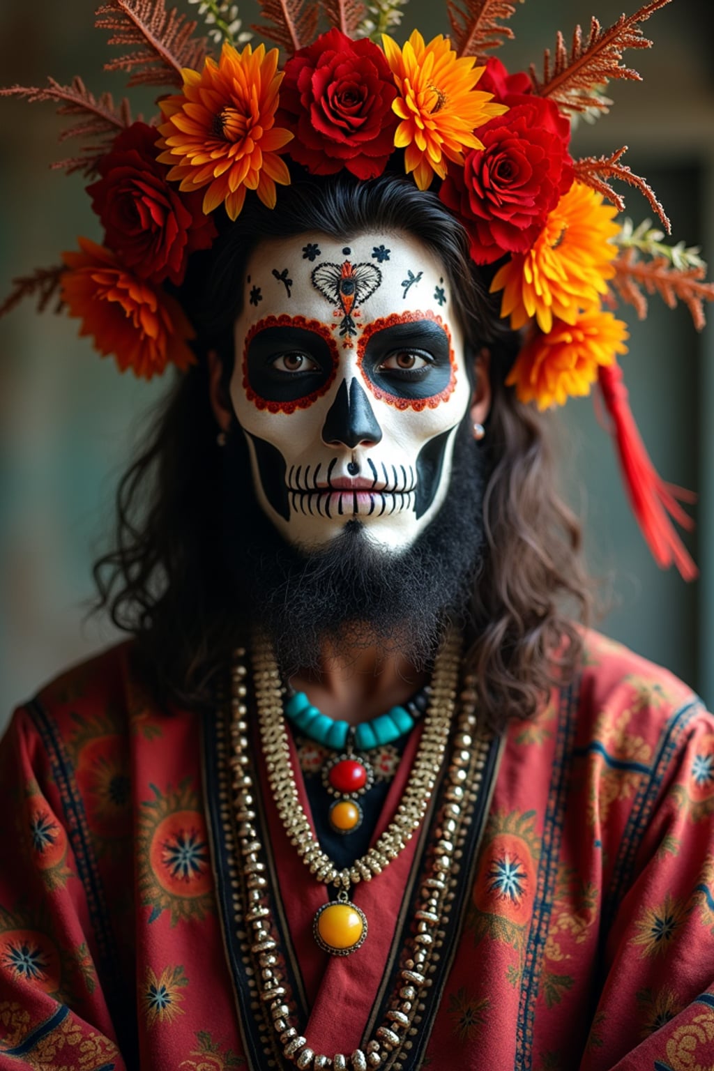 a stunning man in  traditional attire with Day of the Dead symbols, embodying the remembrance and celebration of ancestors