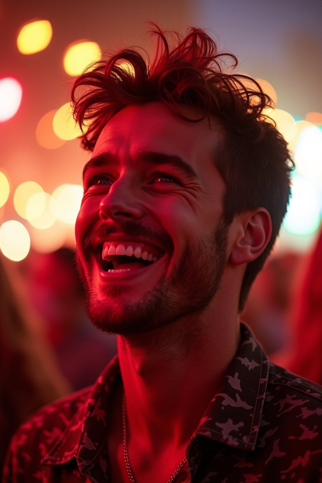 a man with  face with a joyful expression amid festival lights, capturing the excitement that defines this important cultural celebration