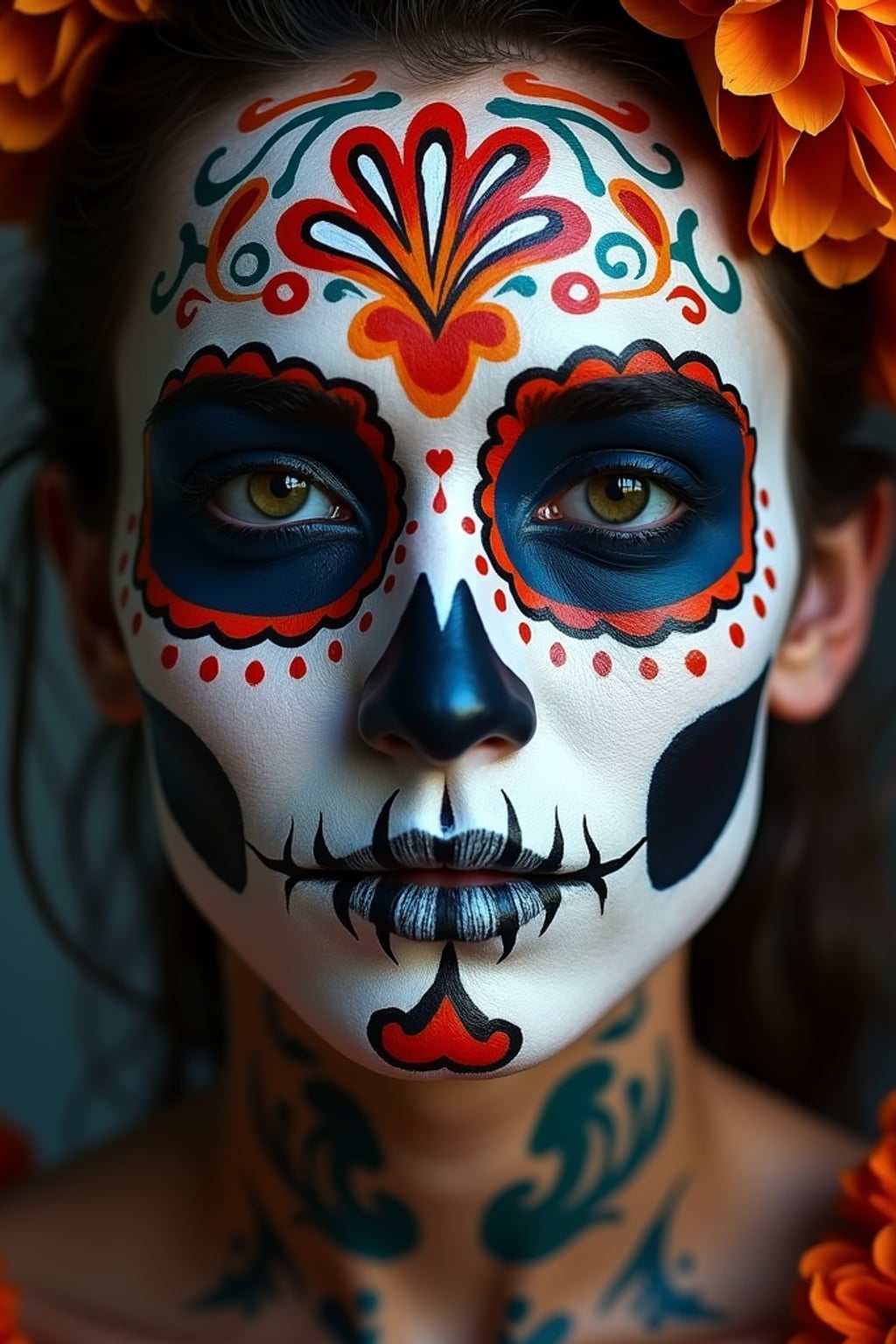 a man with  face with elegant sugar skull painting, capturing the duality of life and death that defines this important cultural celebration