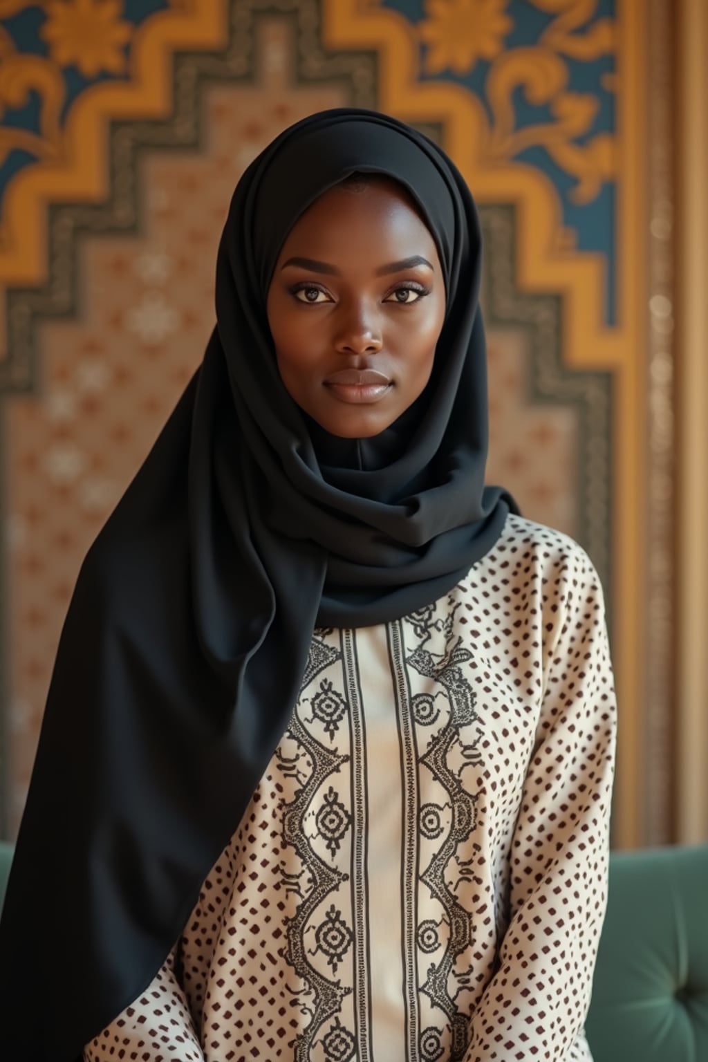 a stunning woman in a modern modest outfit with traditional elements , capturing their serene look against a backdrop of Islamic geometric patterns and Ramadan decorations