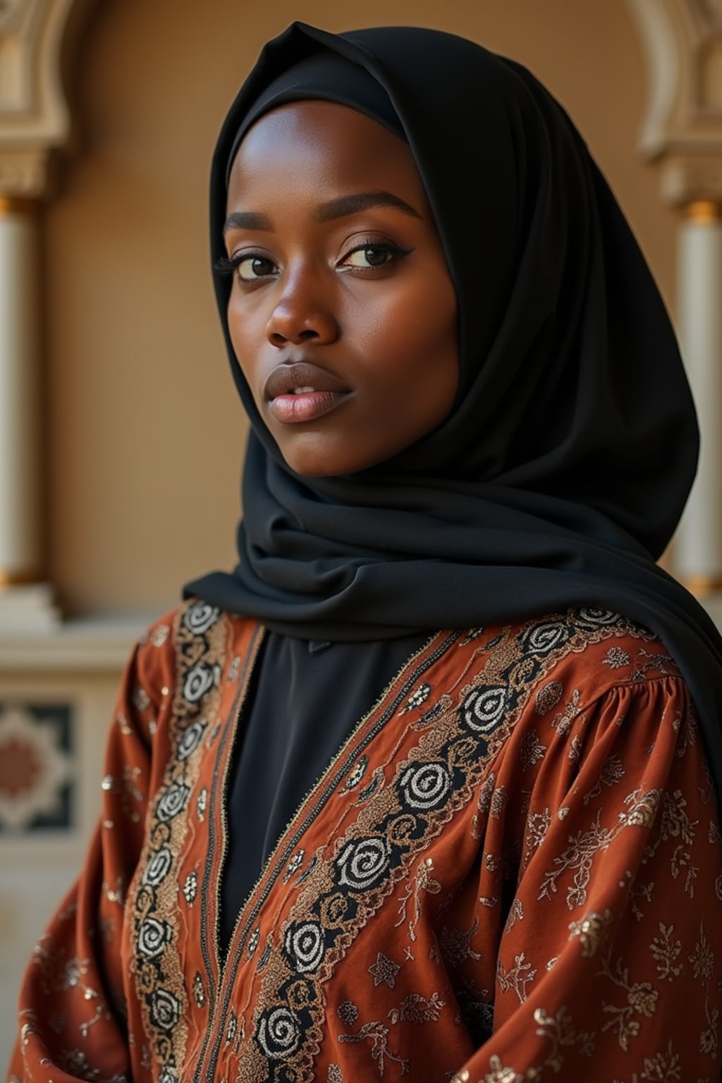 a stunning woman in a modern modest outfit with traditional elements , capturing their serene look against a backdrop of Islamic geometric patterns and Ramadan decorations