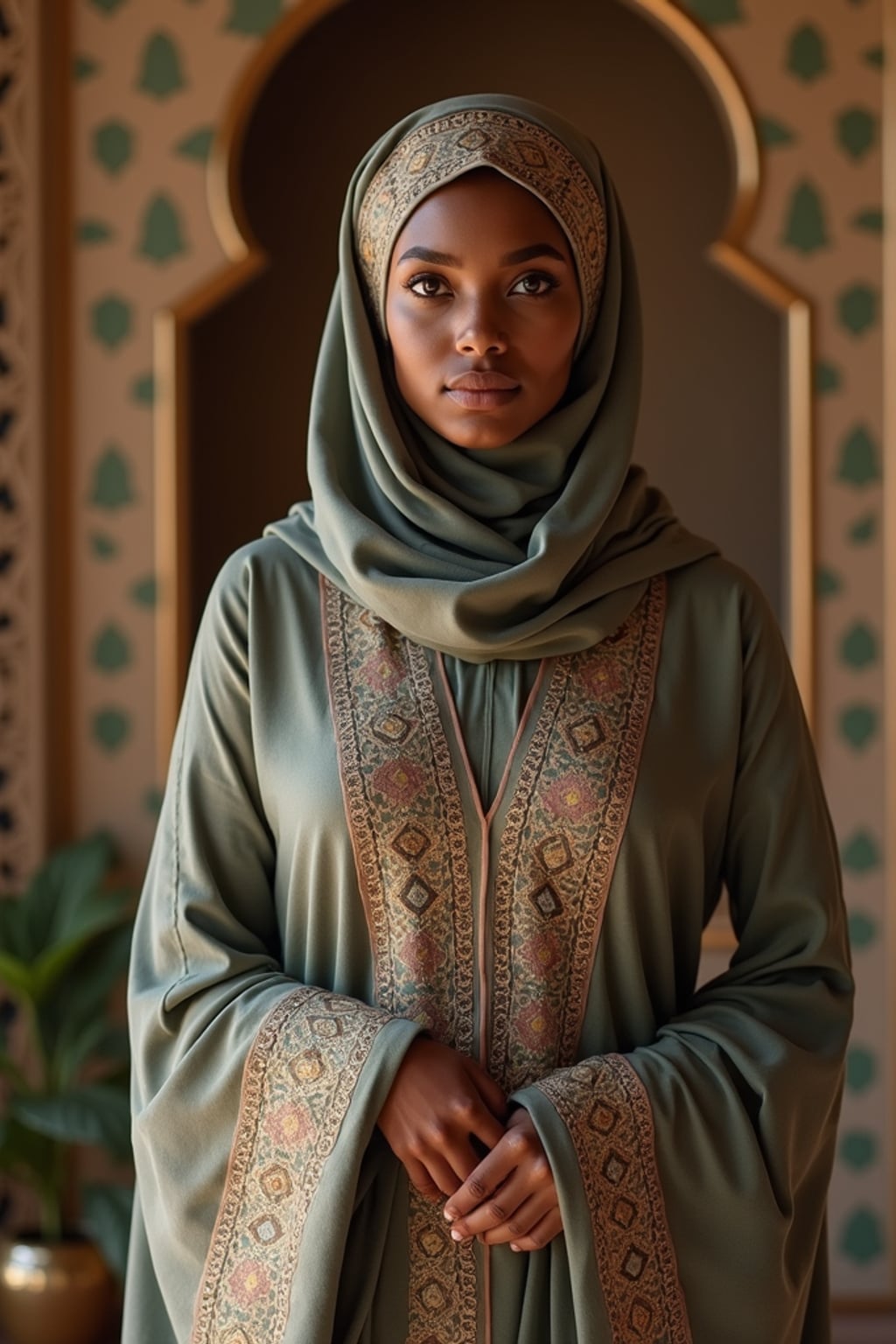 a stunning woman in a modern modest outfit with traditional elements , capturing their serene look against a backdrop of Islamic geometric patterns and Ramadan decorations