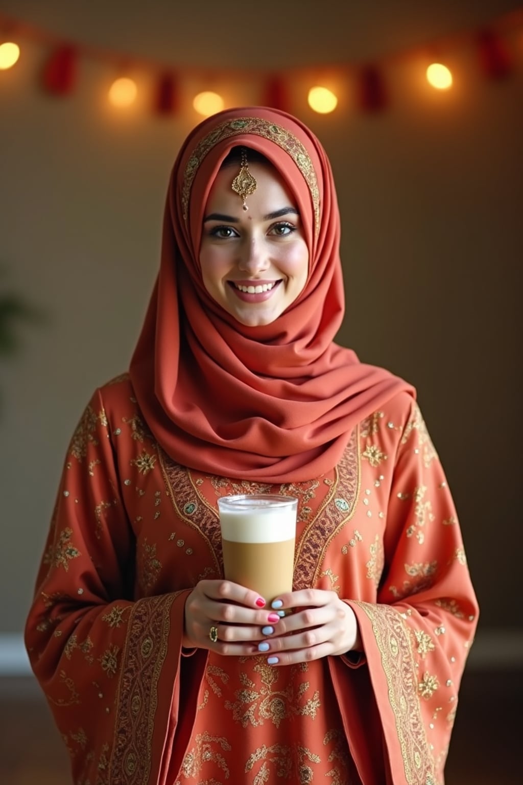 a stunning woman in a festive modest outfit for Eid celebrations , embodying the joy and gratitude of the holiday