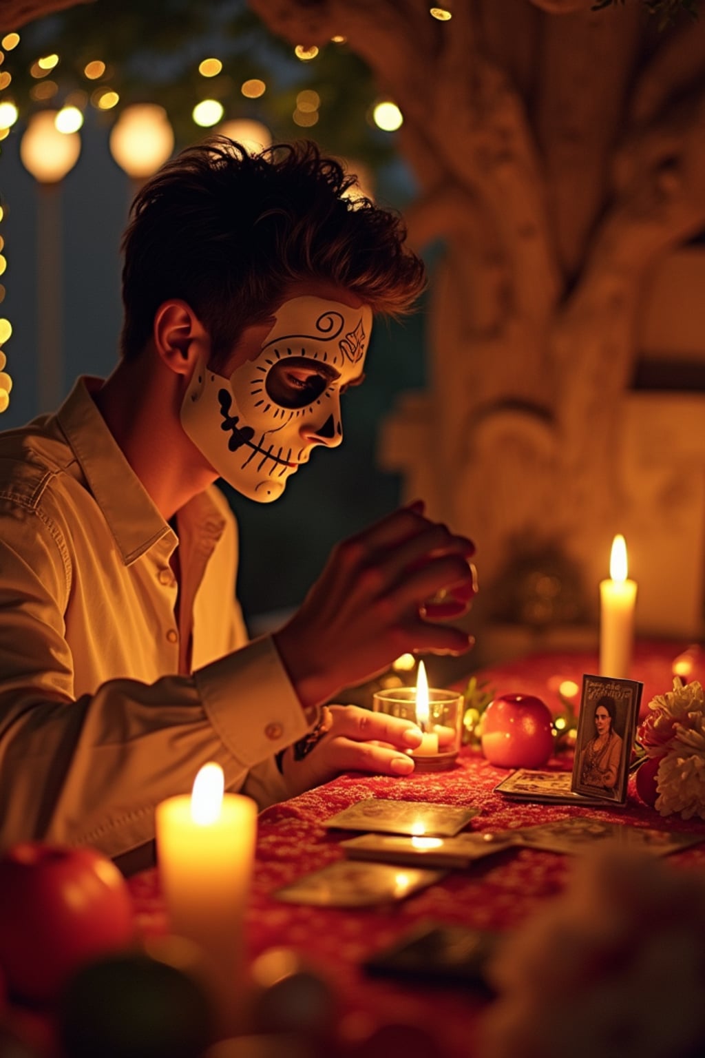 a man enjoying the Día de los Muertos atmosphere, with  hands arranging photos on an ofrenda, radiating respect and celebration of life