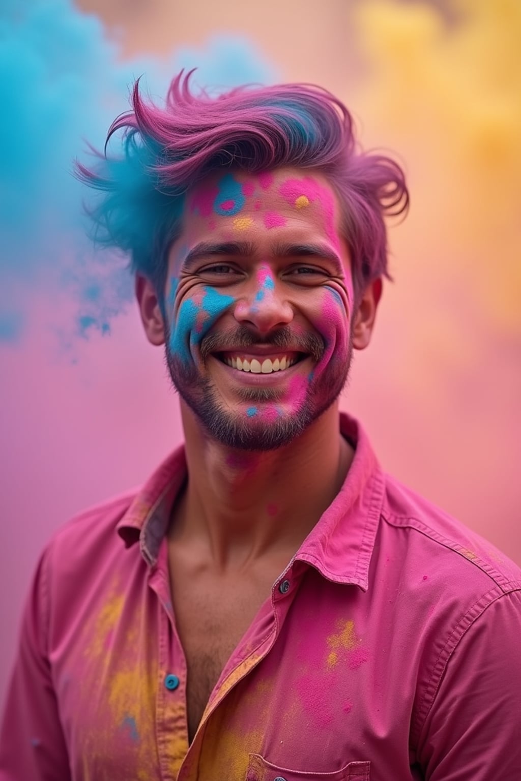 an incredibly attractive man during Holi celebrations, face and clothes covered with pink, blue, and yellow powders, smiling radiantly in the midst of color clouds