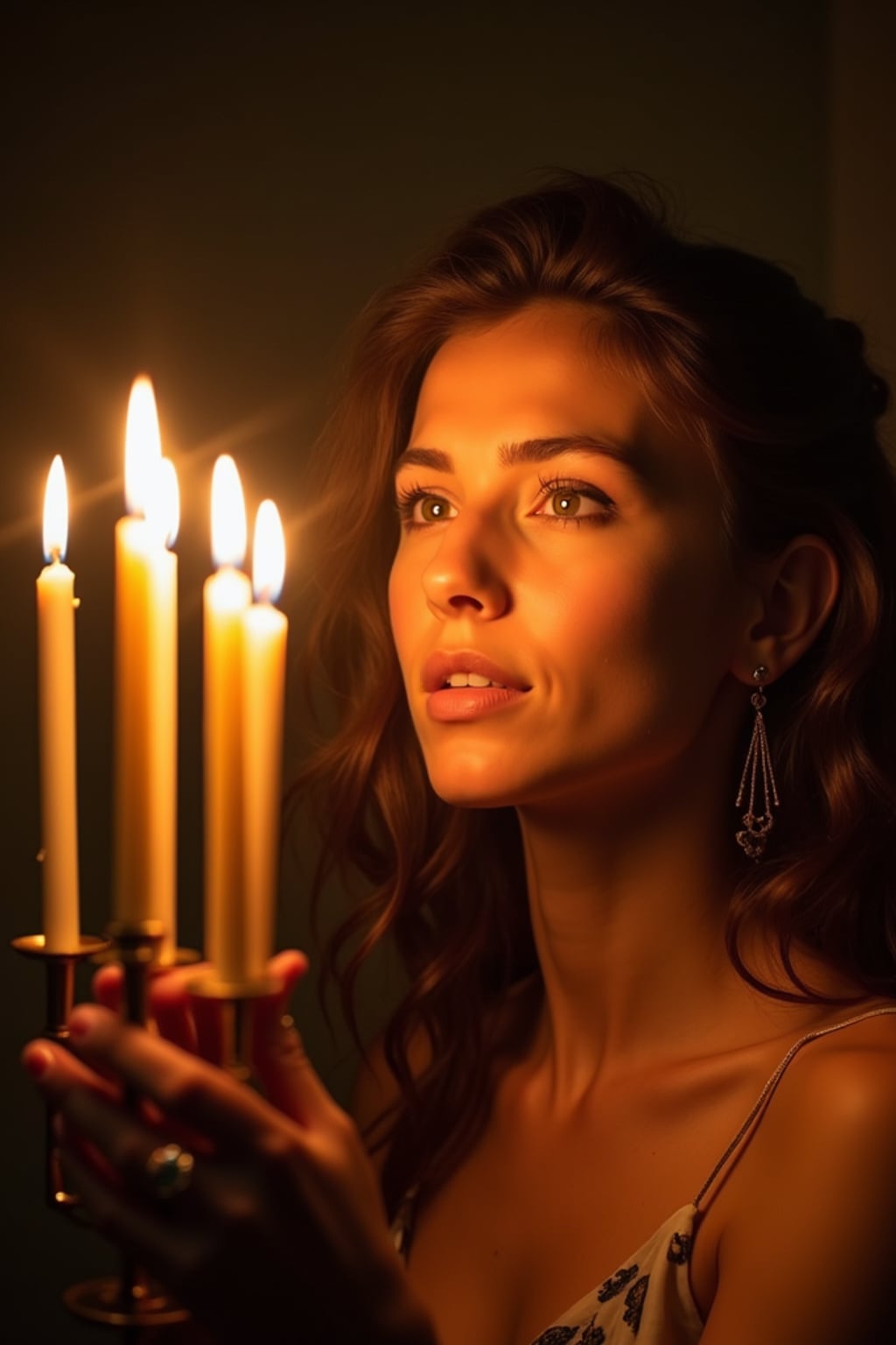 a woman with face illuminated by the warm glow of menorah candles , capturing the miracle of light that defines this important holiday