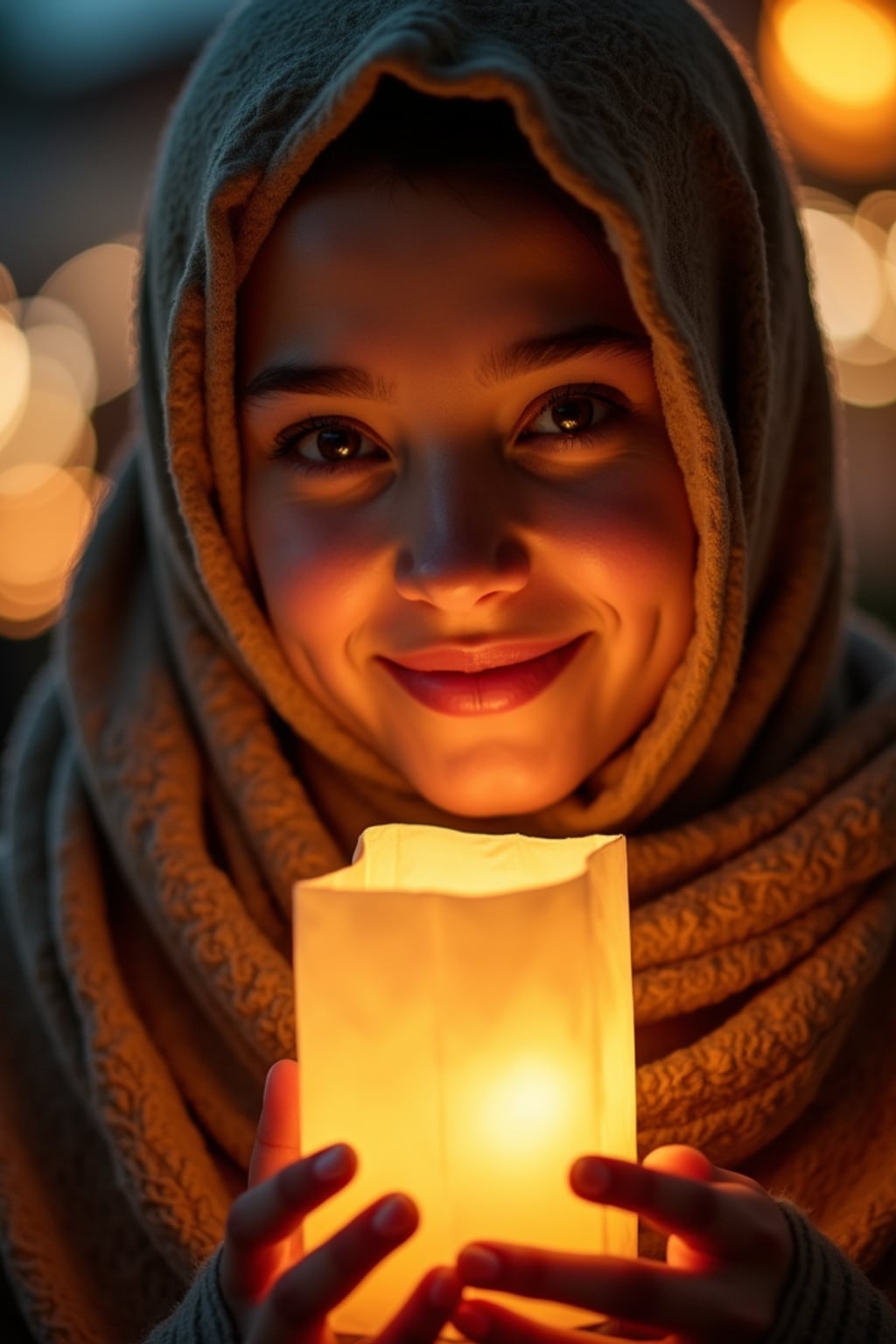 a woman with face framed by a beautiful hijab, illuminated by soft lantern light , capturing the happiness that defines this blessed holiday