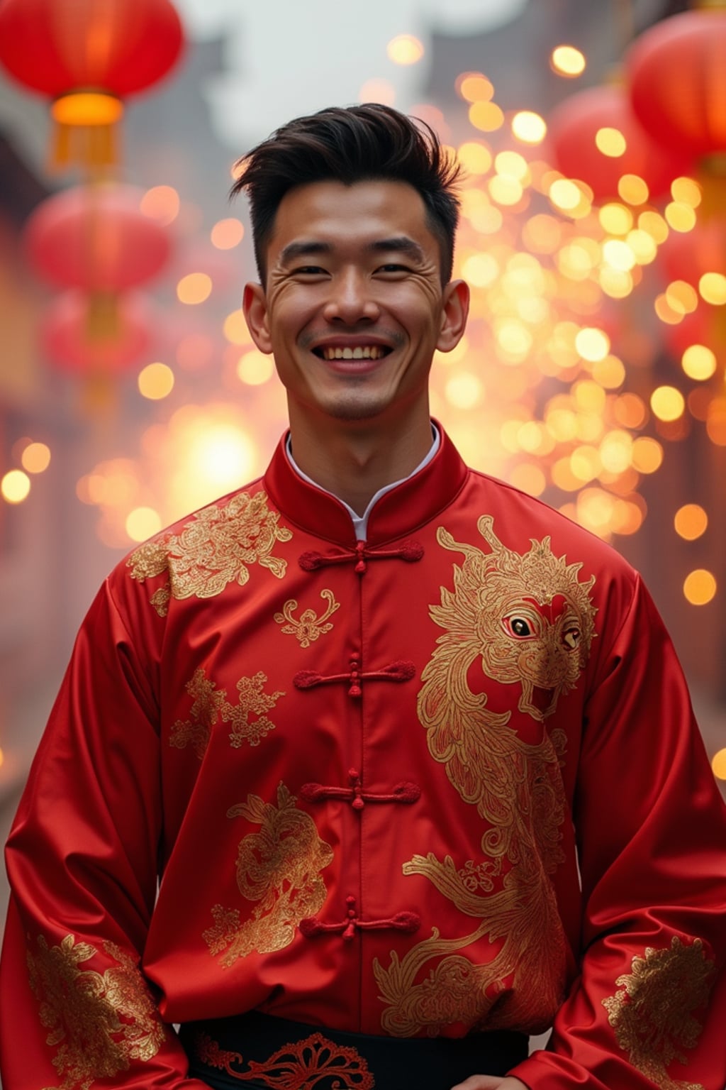 a man in  traditional Chinese New Year clothes with symbolic colors, capturing their joyful energy during the Lunar Chinese New Year celebrations, with firecrackers and lion dance decorations