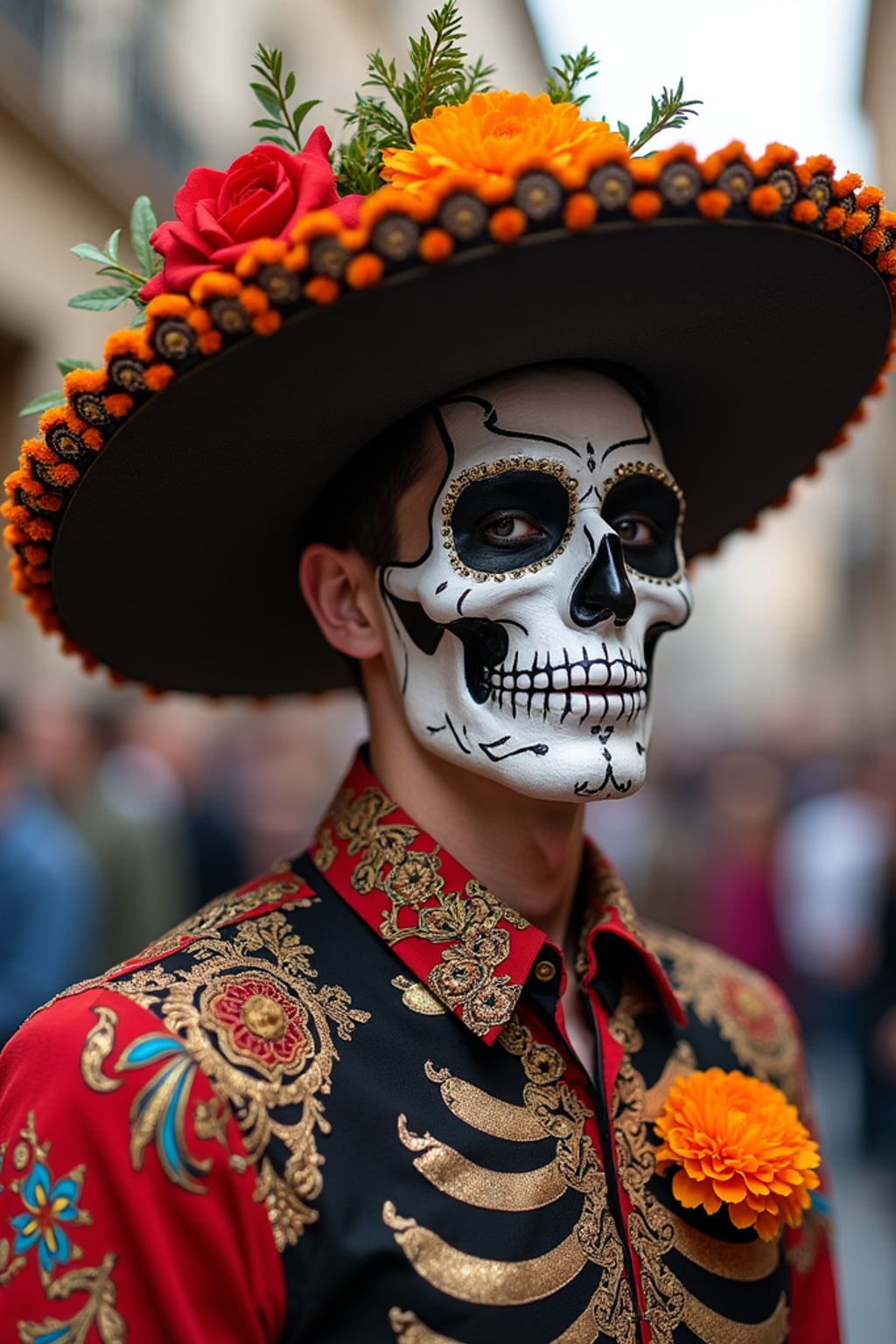 a man in  traditional Day of the Dead clothes with skeleton details, capturing their joyful energy during the celebrations, with sugar skulls and marigold decorations