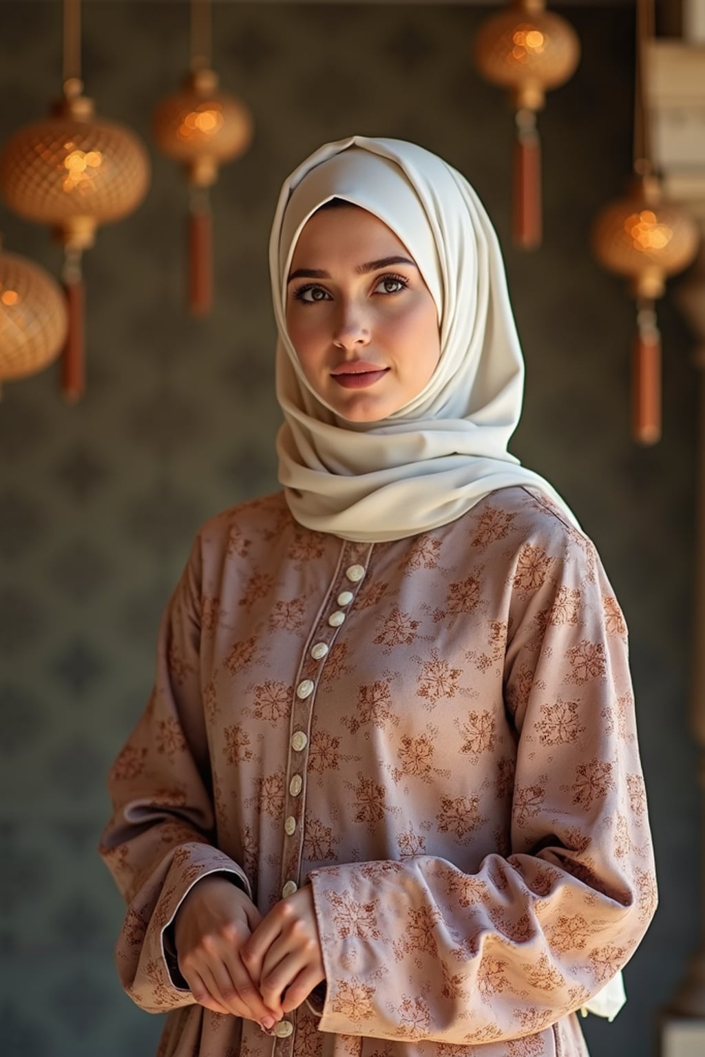 a stunning woman in a modern modest outfit with traditional elements , capturing their festive look against a backdrop of Islamic geometric patterns and Eid decorations