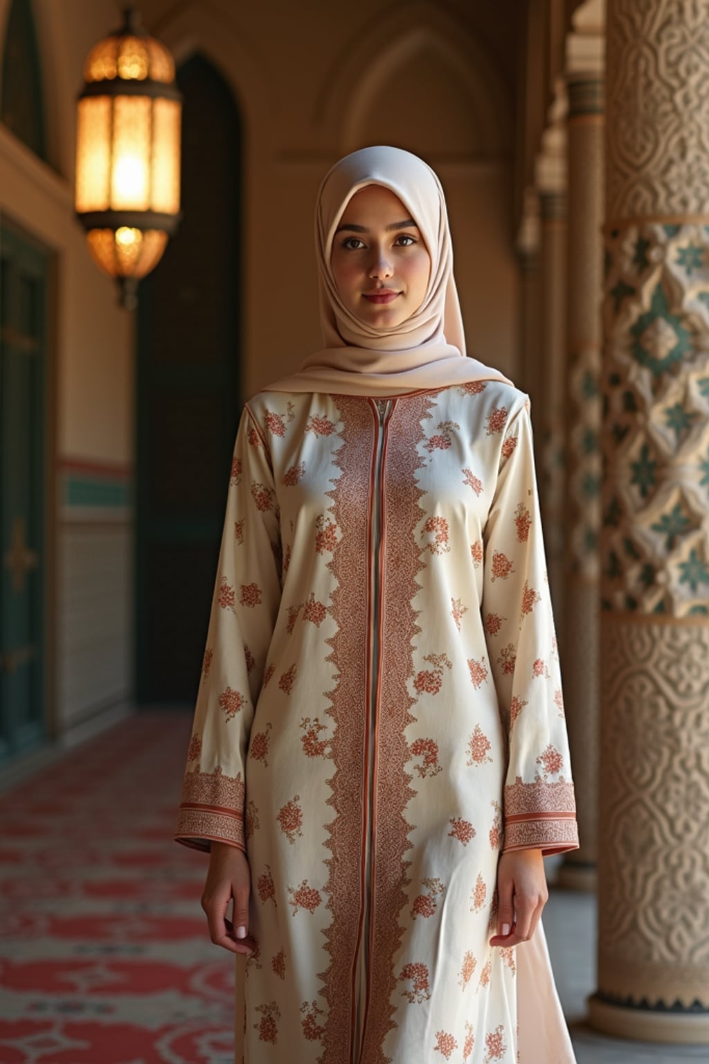 a stunning woman in a modern modest outfit with traditional elements , capturing their festive look against a backdrop of Islamic geometric patterns and Eid decorations