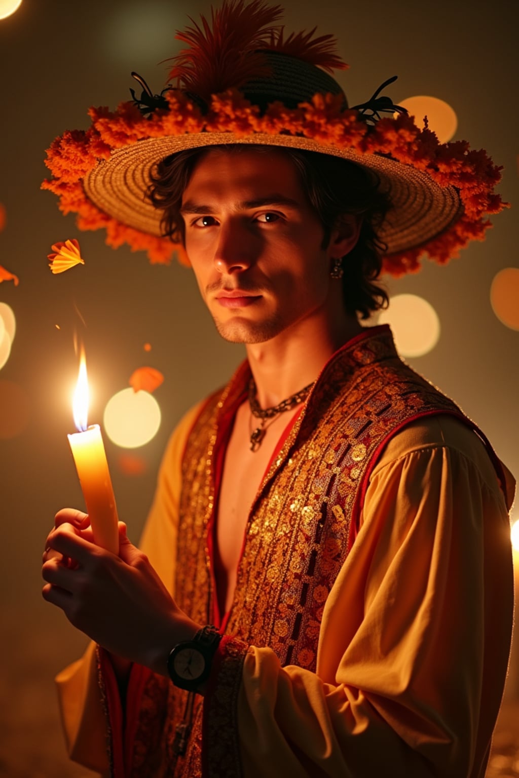 a man in  an elegant Catrín outfit with traditional hat, striking a pose with beautiful marigold petals and candlelight casting warm patterns