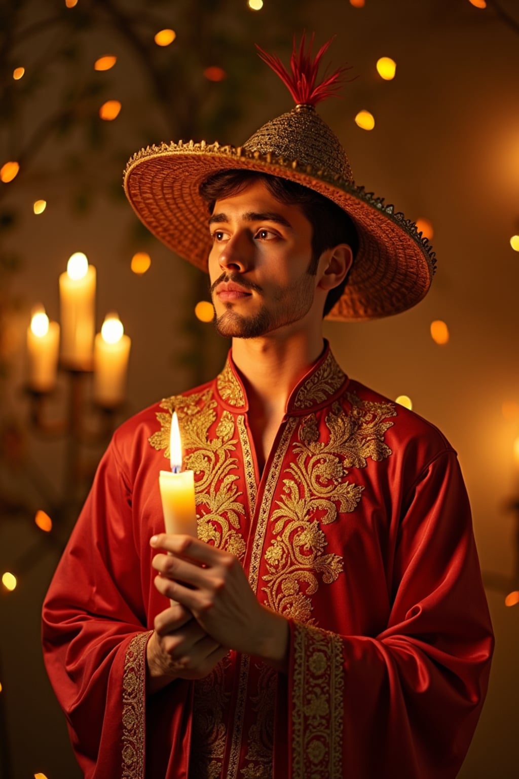 a man in  an elegant Catrín outfit with traditional hat, striking a pose with beautiful marigold petals and candlelight casting warm patterns
