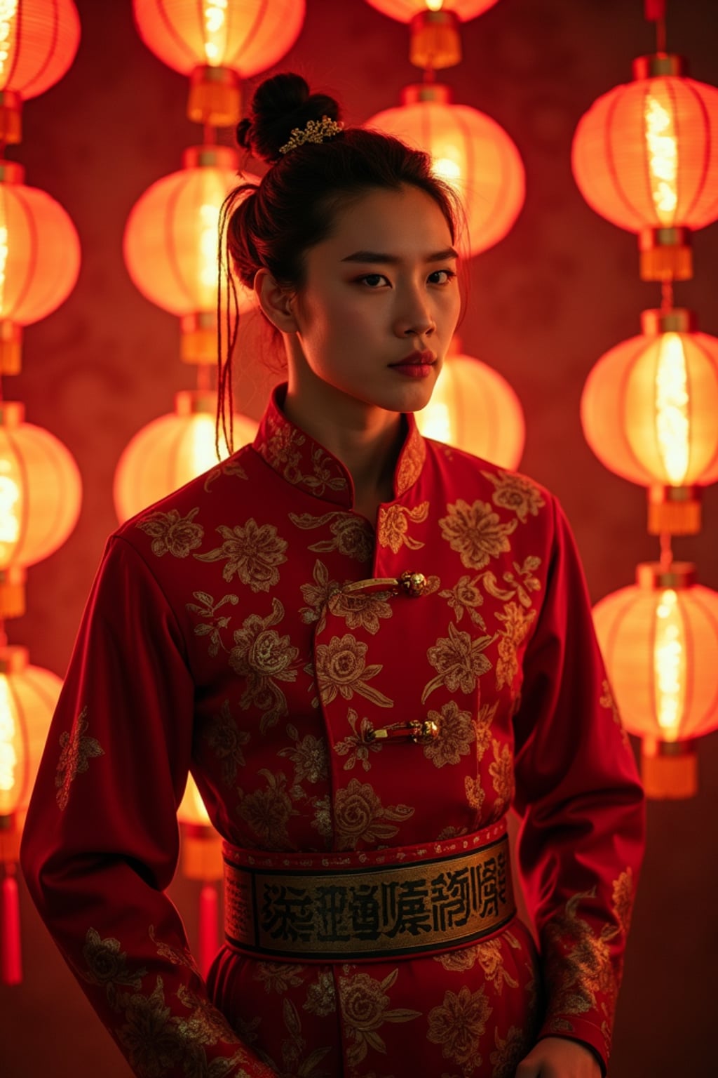 a man in  a stylish outfit with traditional Chinese elements, striking a pose with beautiful red and gold decorations casting festive light patterns
