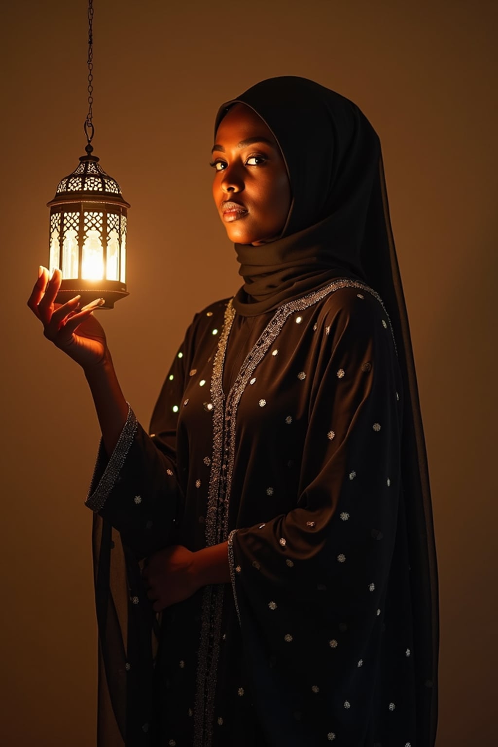 a woman in a flowing abaya with subtle sparkles , striking a pose with a beautiful Ramadan lantern casting intricate light patterns