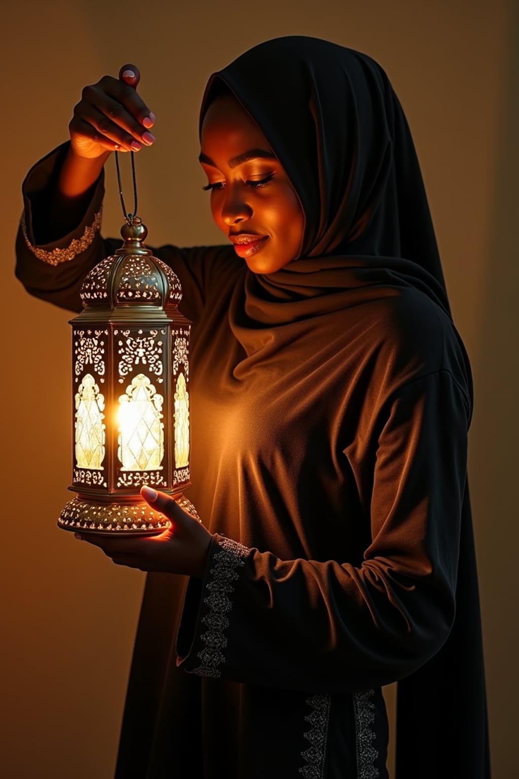 a woman in a flowing abaya with subtle sparkles , striking a pose with a beautiful Ramadan lantern casting intricate light patterns