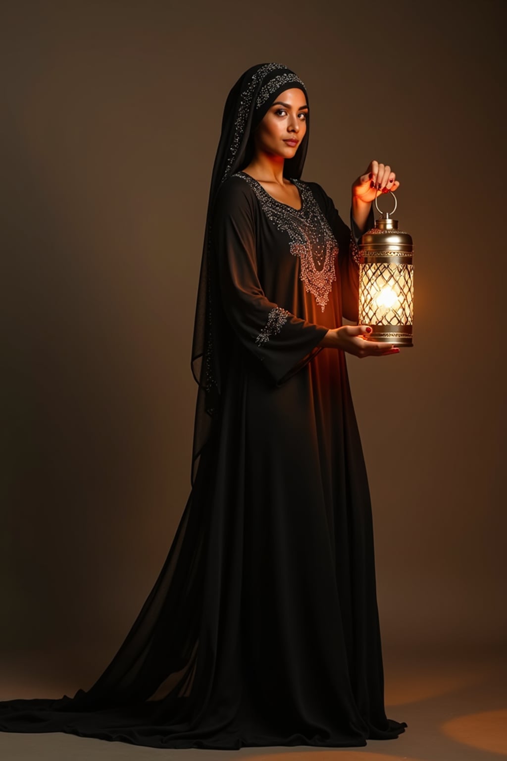 a woman in a flowing abaya with subtle sparkles , striking a pose with a beautiful Ramadan lantern casting intricate light patterns