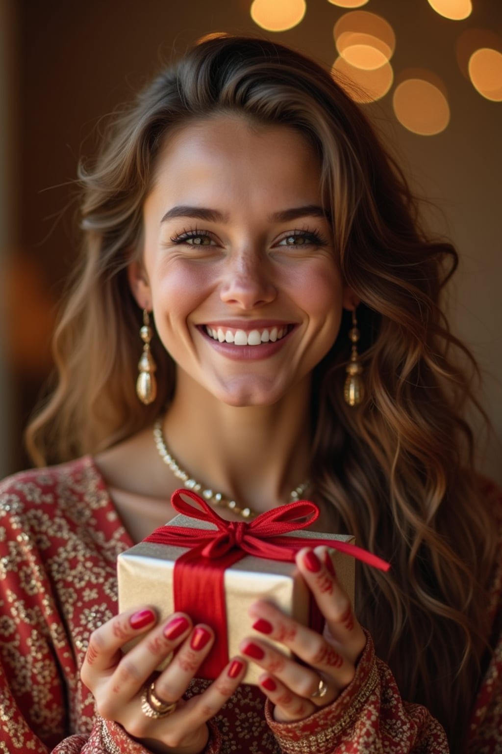 a woman enjoying the Eid atmosphere, with hands decorated with henna and holding Eid gifts , radiating happiness and generosity