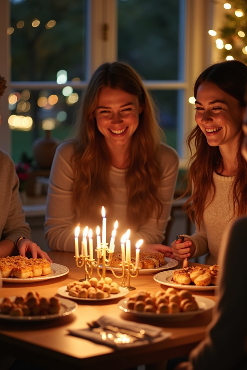 a woman enjoying Hanukkah festivities in the evening, surrounded by family members playing dreidel , with a table full of traditional foods like latkes and sufganiyot
