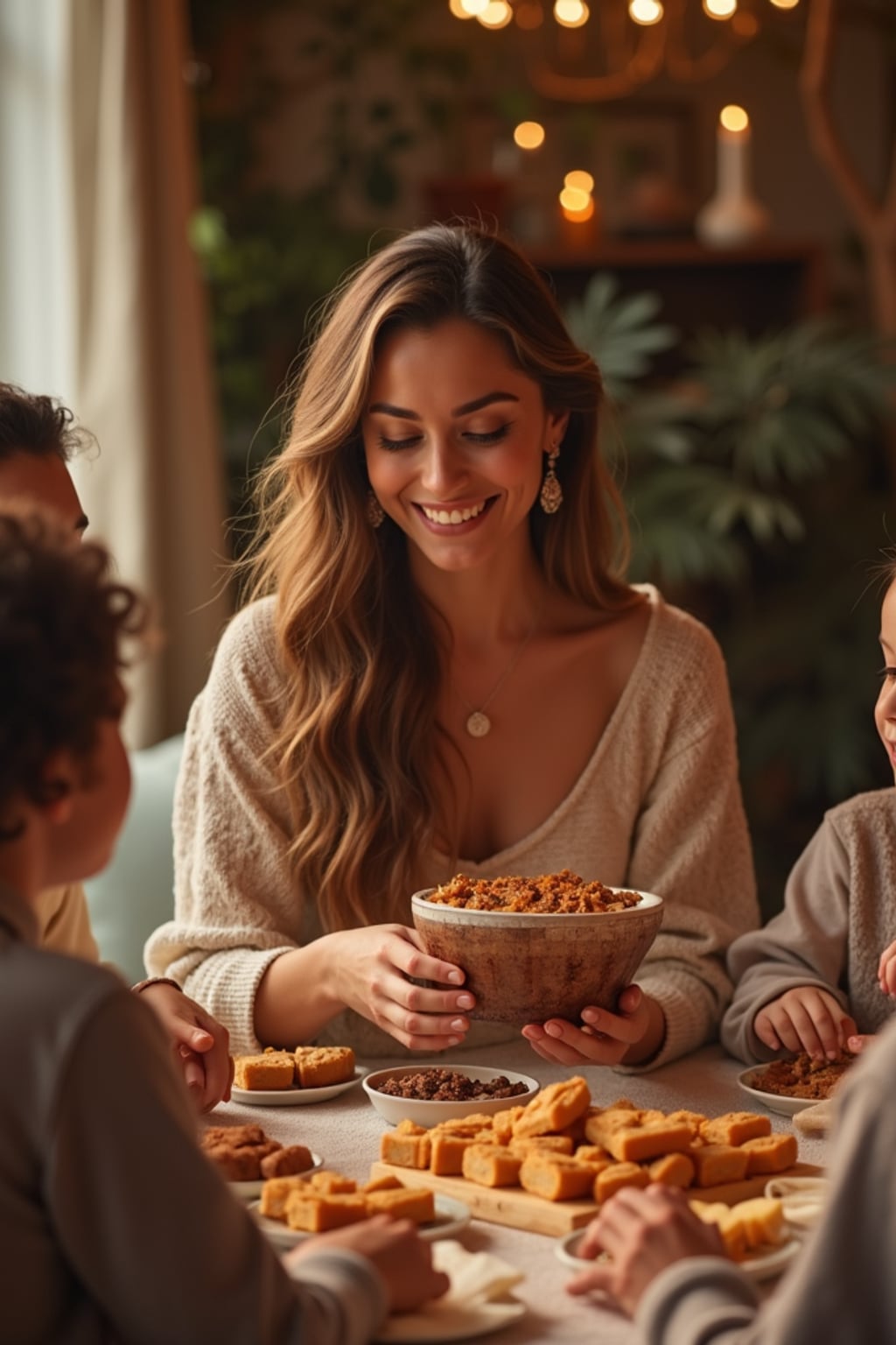 a woman enjoying Eid festivities, surrounded by family members exchanging gifts , with a table full of traditional sweets and treats