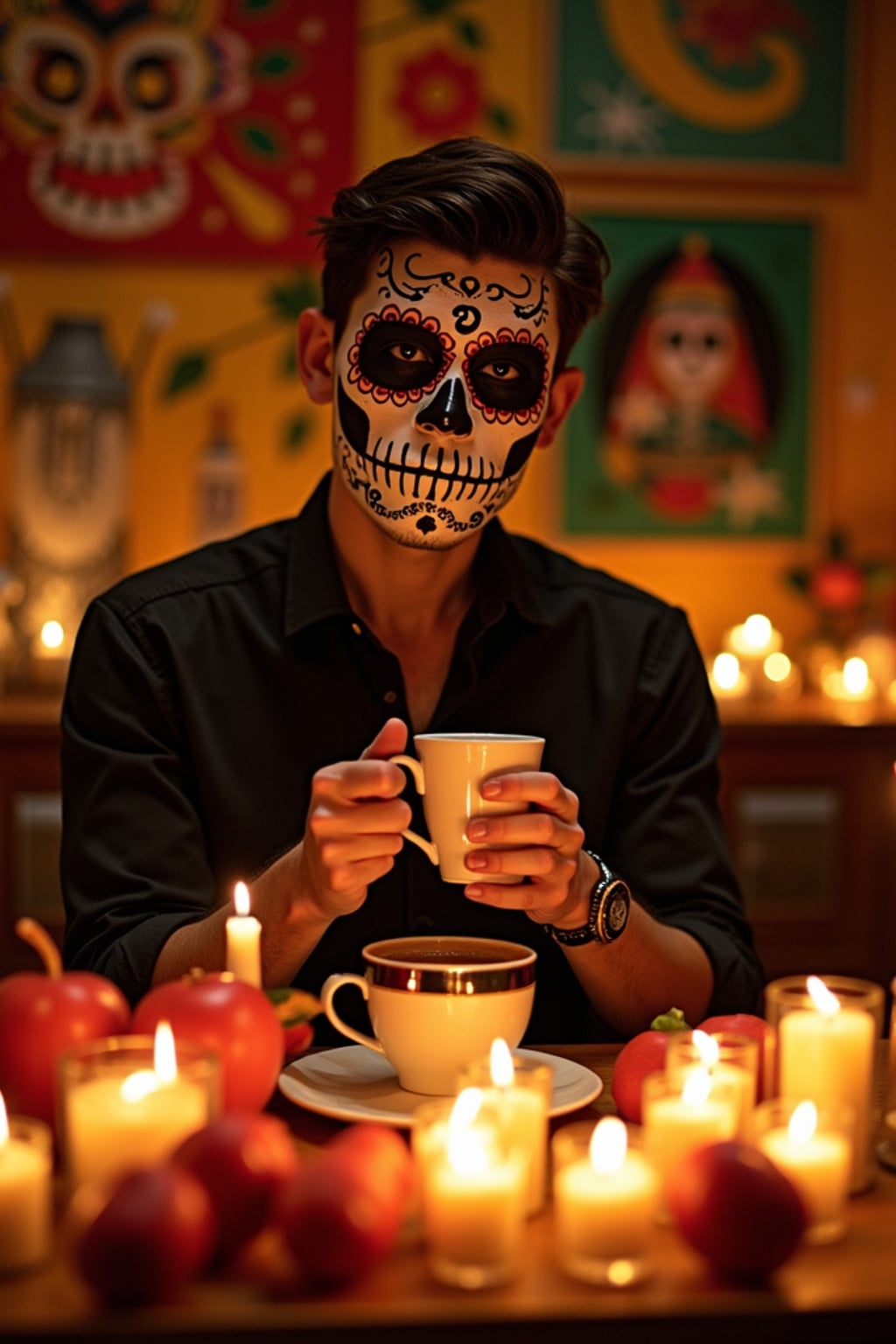 an incredibly attractive man during Día de los Muertos celebrations, surrounded by glowing candles and ofrendas, enjoying traditional pan de muerto and Mexican hot chocolate on a beautifully decorated altar