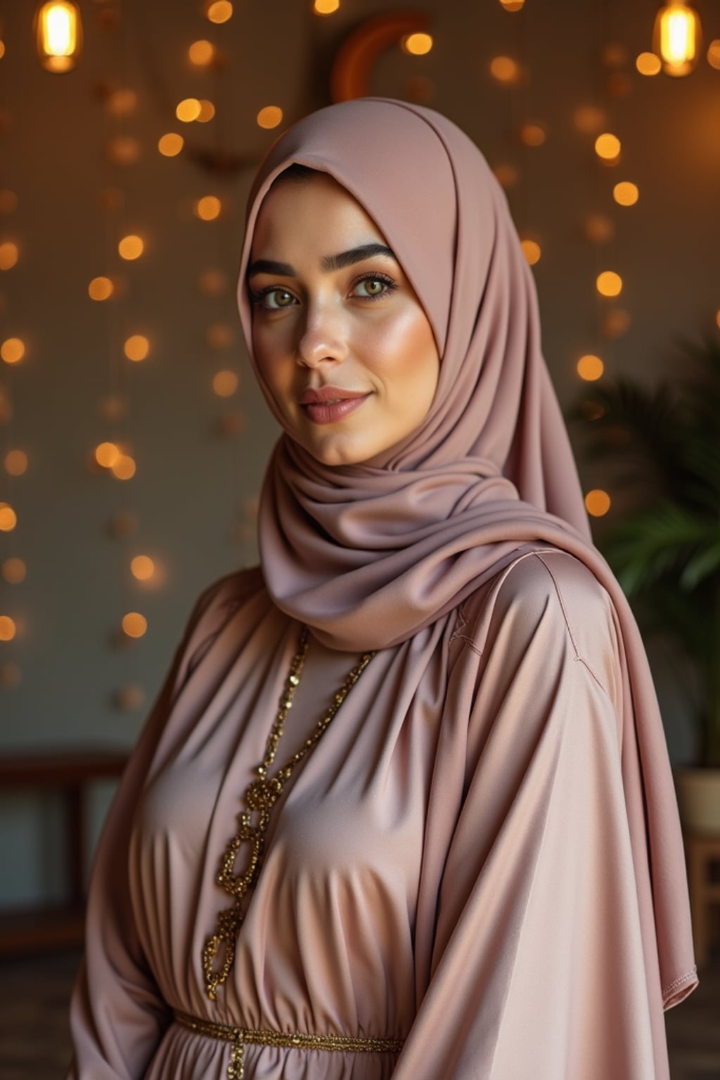 a stunning woman with an elegantly styled hijab and modest festive attire , capturing the essence of Eid traditions in a room decorated with crescent moons and stars