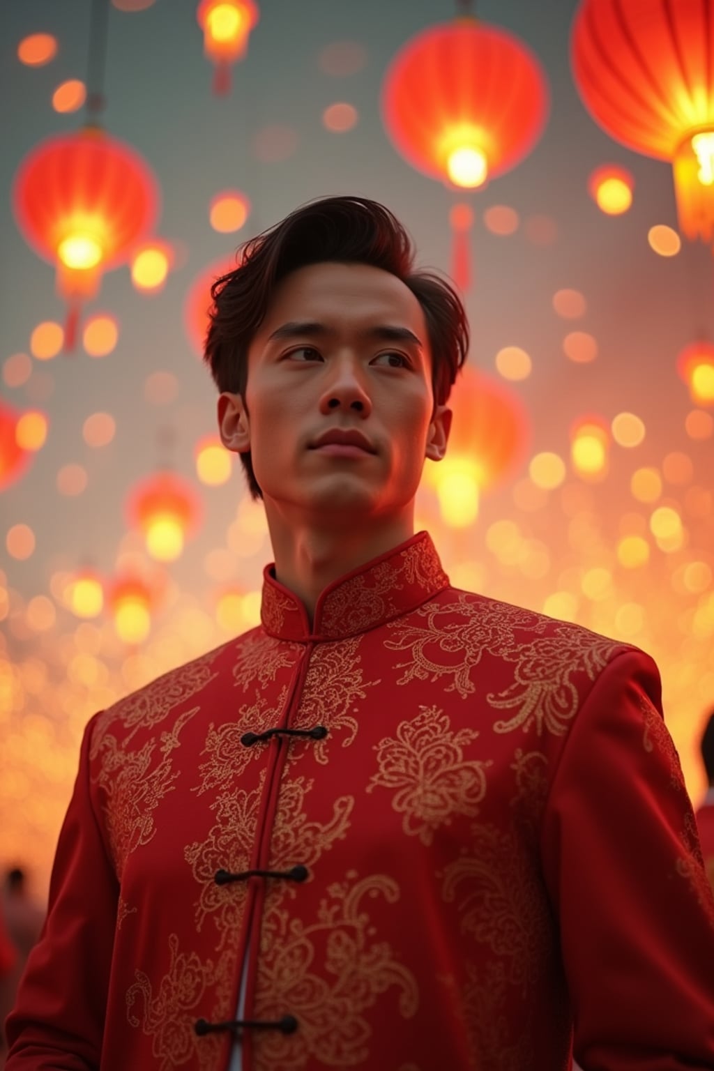 a stunning man celebrating Chinese New Year, sky full of traditional floating lanterns, wearing  a traditional Tang suit in auspicious colors