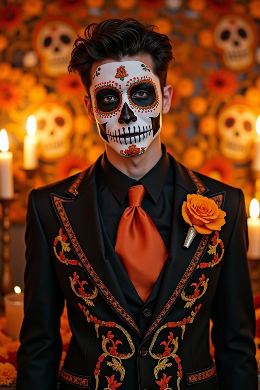 a stunning man celebrating Day of the Dead, surrounded by marigold flowers and candles, wearing  a formal suit with traditional elements, with sugar skull decorations and papel picado in the background