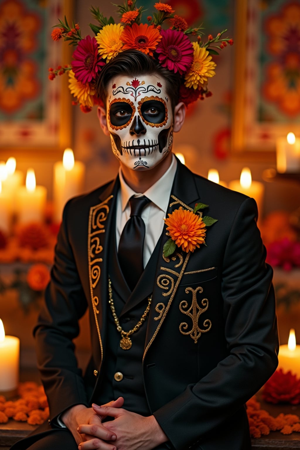 a stunning man celebrating Day of the Dead, surrounded by marigold flowers and candles, wearing  a formal suit with traditional elements, with sugar skull decorations and papel picado in the background