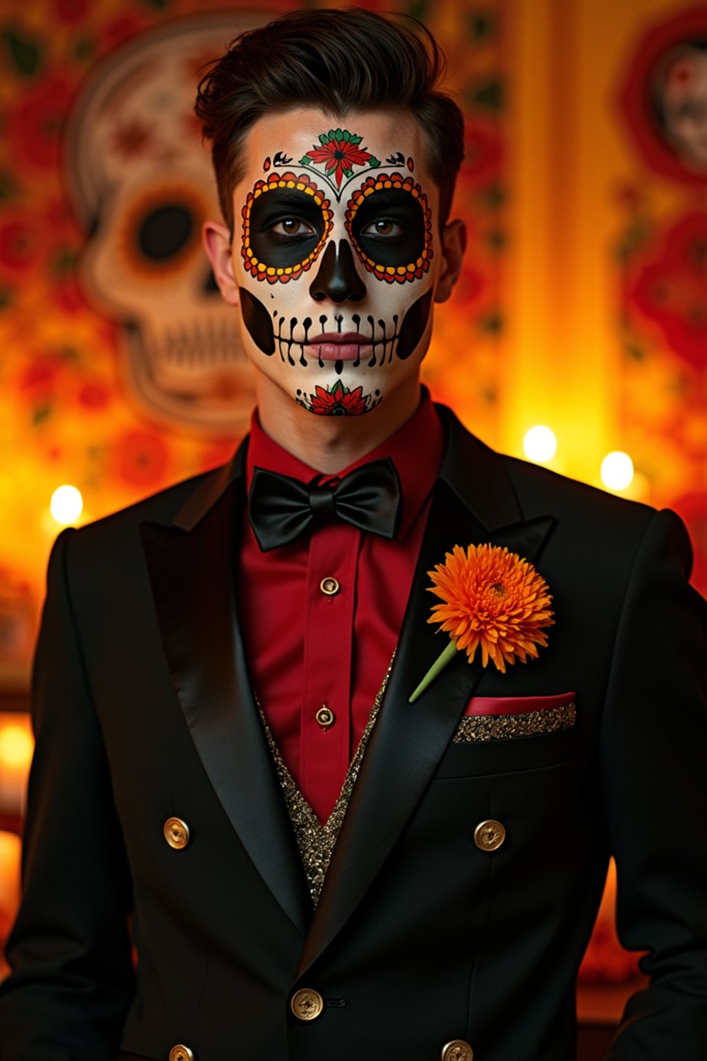 a stunning man celebrating Day of the Dead, surrounded by marigold flowers and candles, wearing  a formal suit with traditional elements, with sugar skull decorations and papel picado in the background