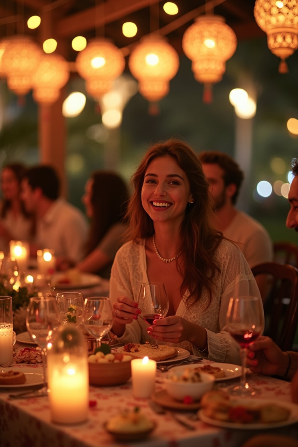an incredibly attractive woman during Eid celebrations, surrounded by glowing fanous lanterns, enjoying festive treats on a beautifully decorated table with family and friends
