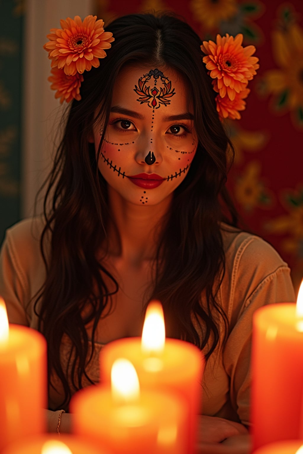 a stunning woman surrounded by beautiful altar decorations and candles , capturing the sense of remembrance and family connection during Día de los Muertos