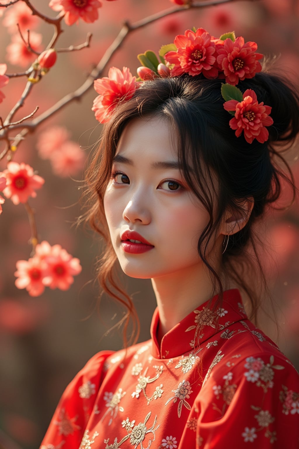 a stunning woman surrounded by beautiful Chinese New Year flowers and plants , capturing the sense of renewal and family connection during the Spring Festival