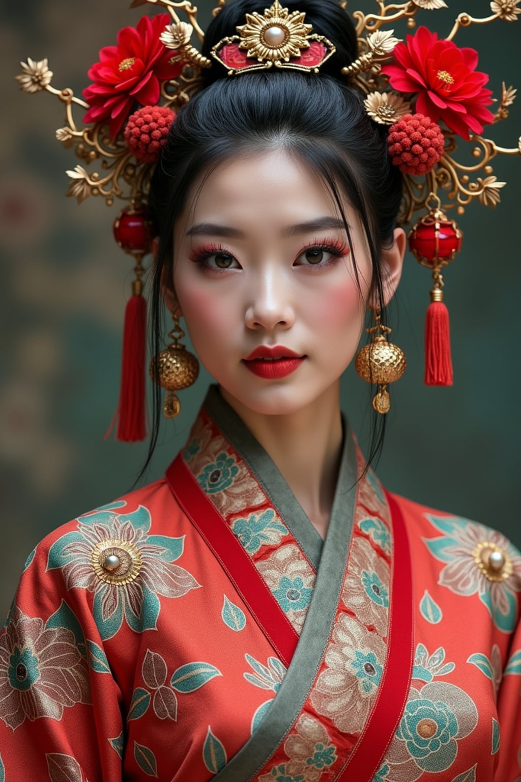 a woman in a traditional outfit with modern fashion elements , embodying the balance of tradition and contemporary life during Day of the Dead