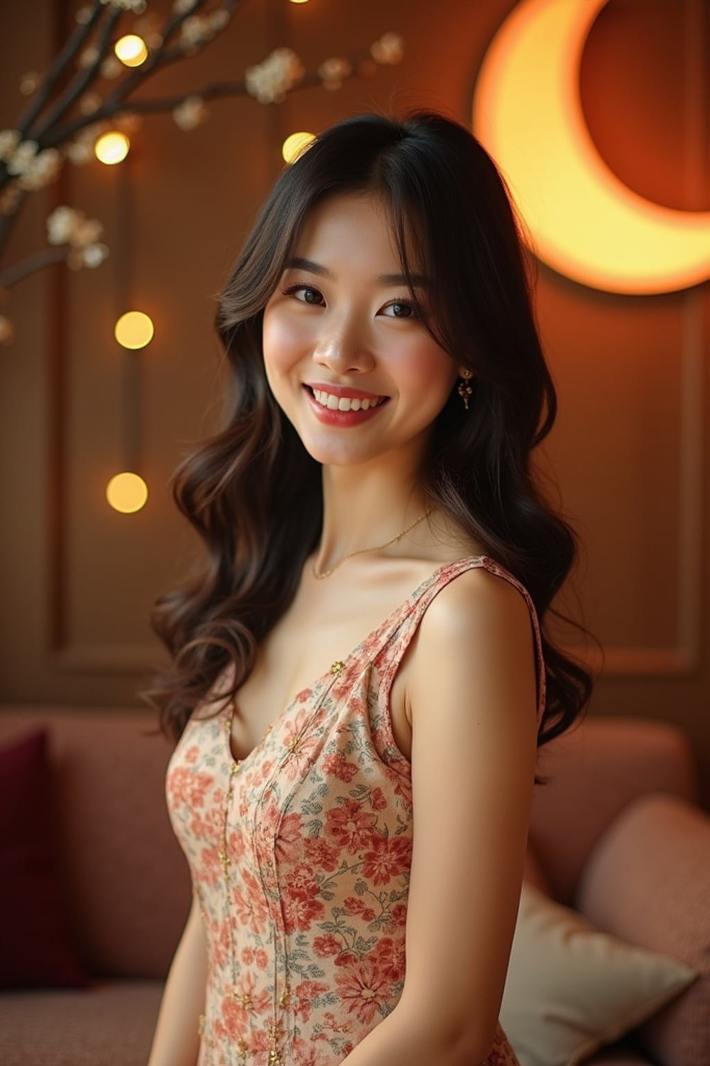 a woman with a happy expression while exchanging Eid greetings in a beautifully decorated space , adding a festive quality to their Eid celebration, with soft golden lights and crescent moon decorations visible in the background
