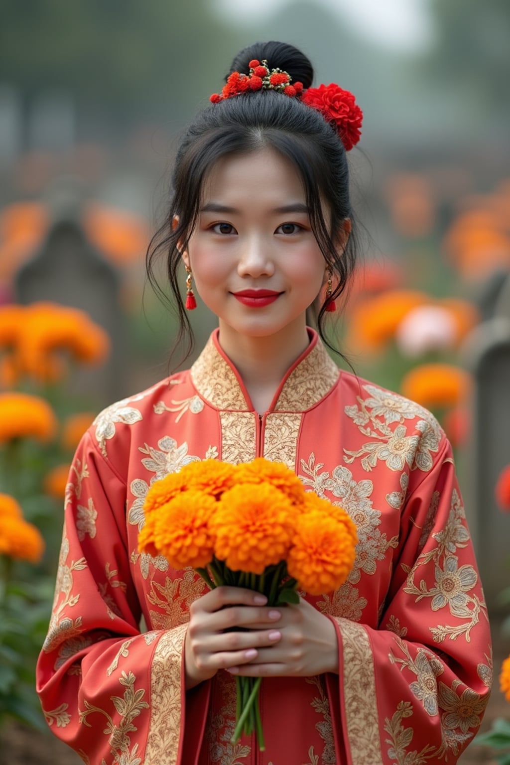 a woman with hands holding traditional marigold flowers , standing out in a beautifully decorated cemetery with colorful graves and offerings
