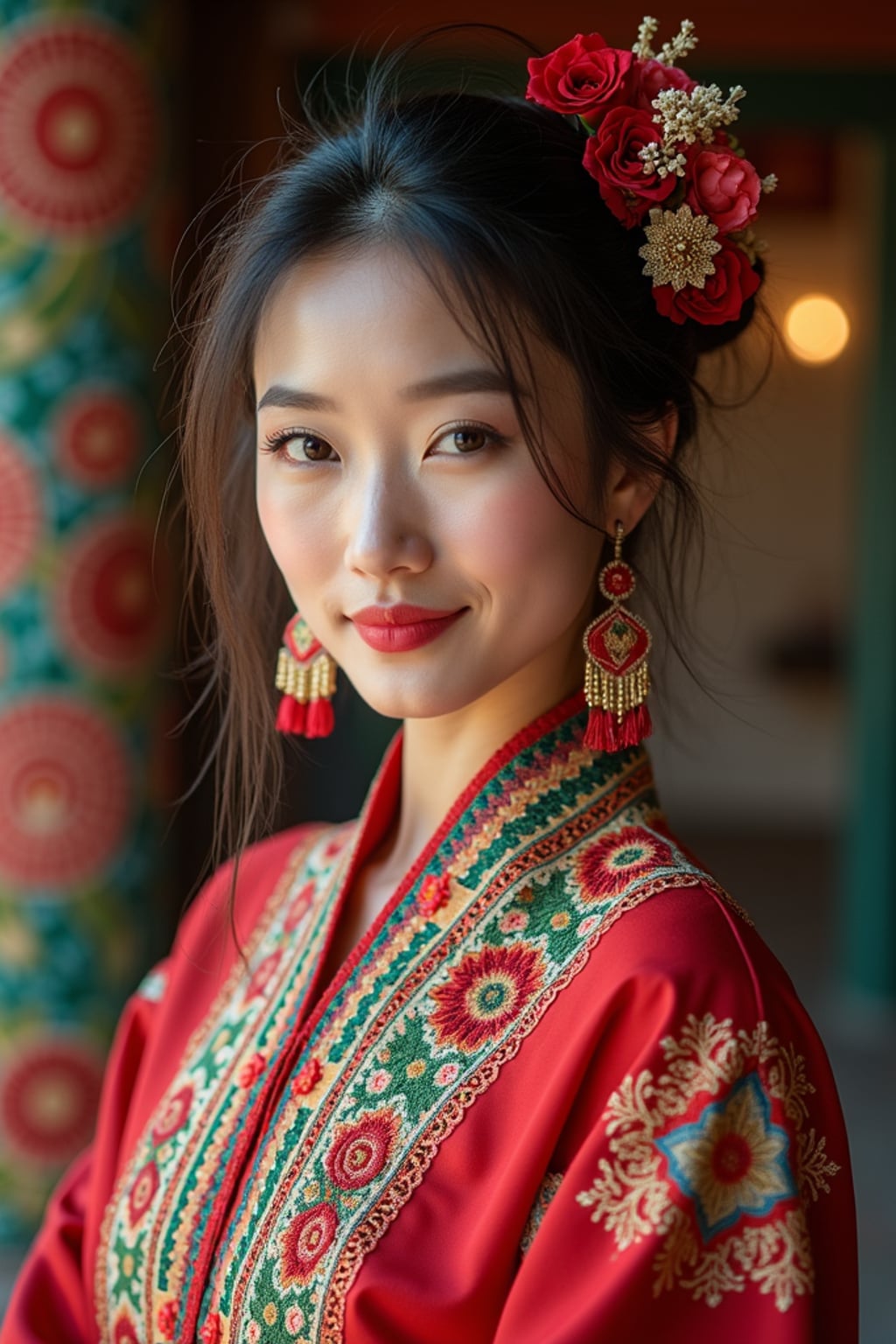 a stunning woman in a festive outfit with traditional Mexican embroidery , embodying the remembrance and celebration of ancestors