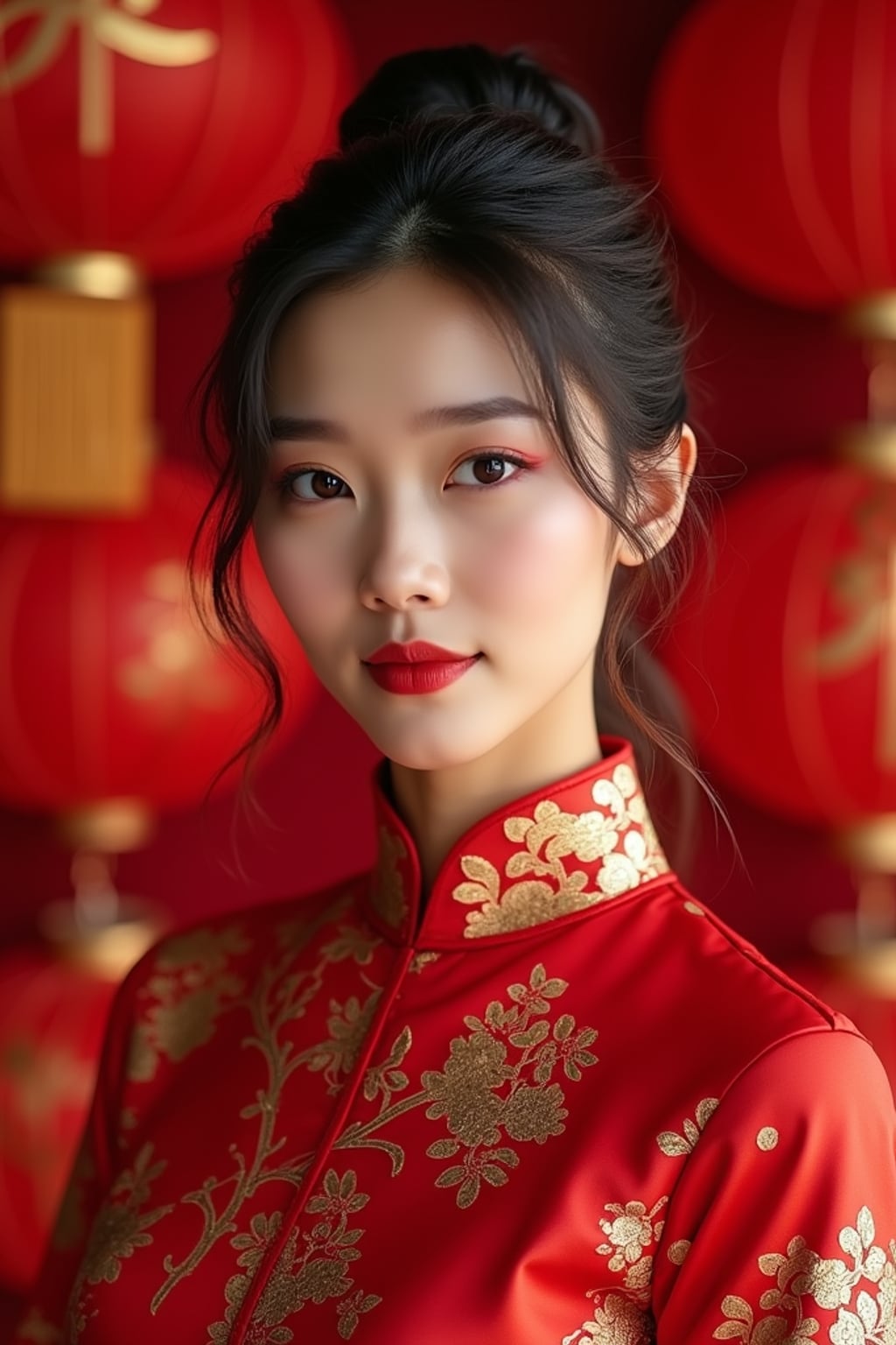 a stunning woman in a festive outfit in lucky red and gold , embodying the hope and new beginnings of the Lunar Chinese New Year