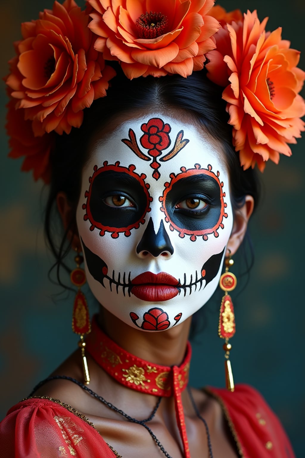 a woman with face beautifully painted in half-skull calavera style , capturing the duality of life and death that defines this important cultural celebration