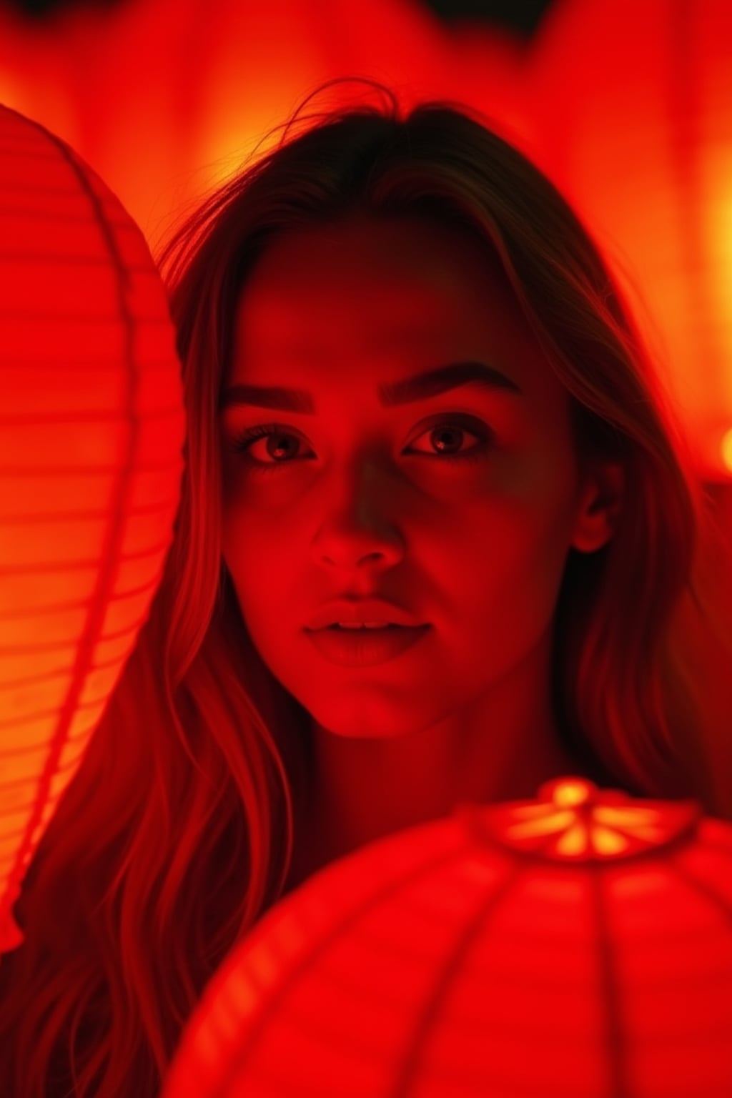 a woman with face illuminated by the warm glow of red lanterns , capturing the excitement that defines this important cultural celebration