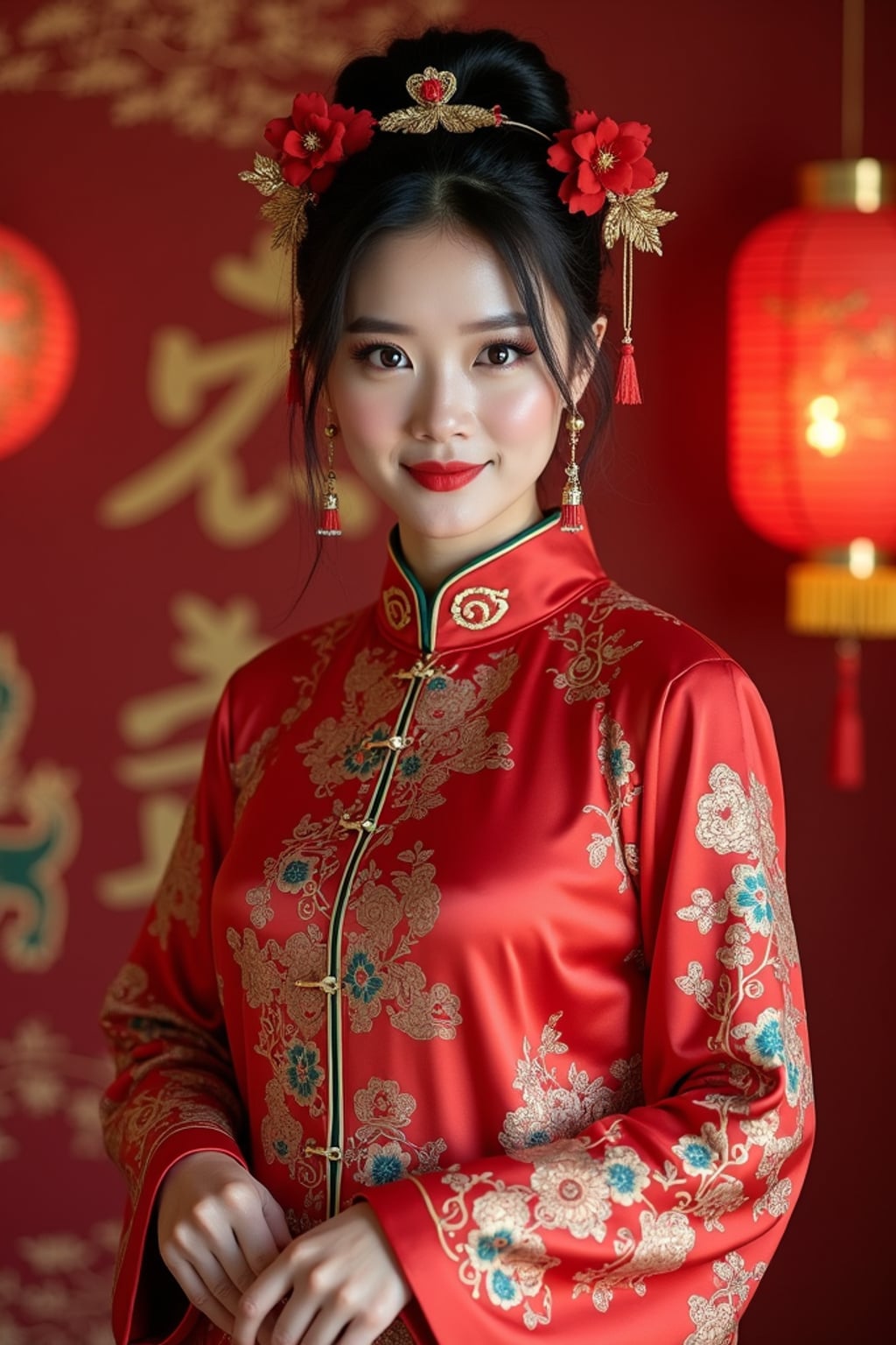 a stunning woman in a modern take on traditional Chinese attire , capturing their festive look against a backdrop of Chinese zodiac symbols and Chinese New Year decorations