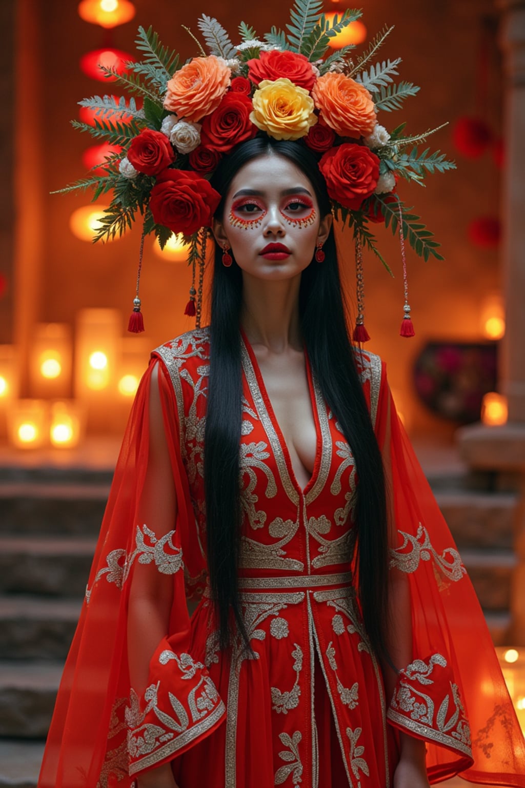 a stunning woman in a modern outfit inspired by traditional Day of the Dead elements , capturing their festive look against a backdrop of altars and memorial decorations