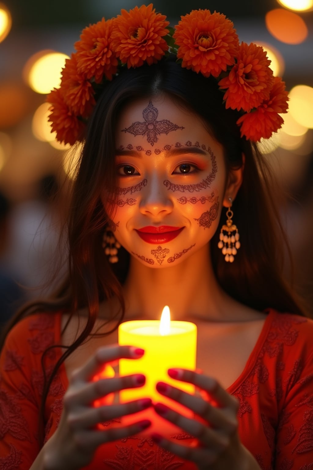 a woman enjoying the Día de los Muertos atmosphere, with hands holding marigold flowers or candles , radiating respect and celebration of life