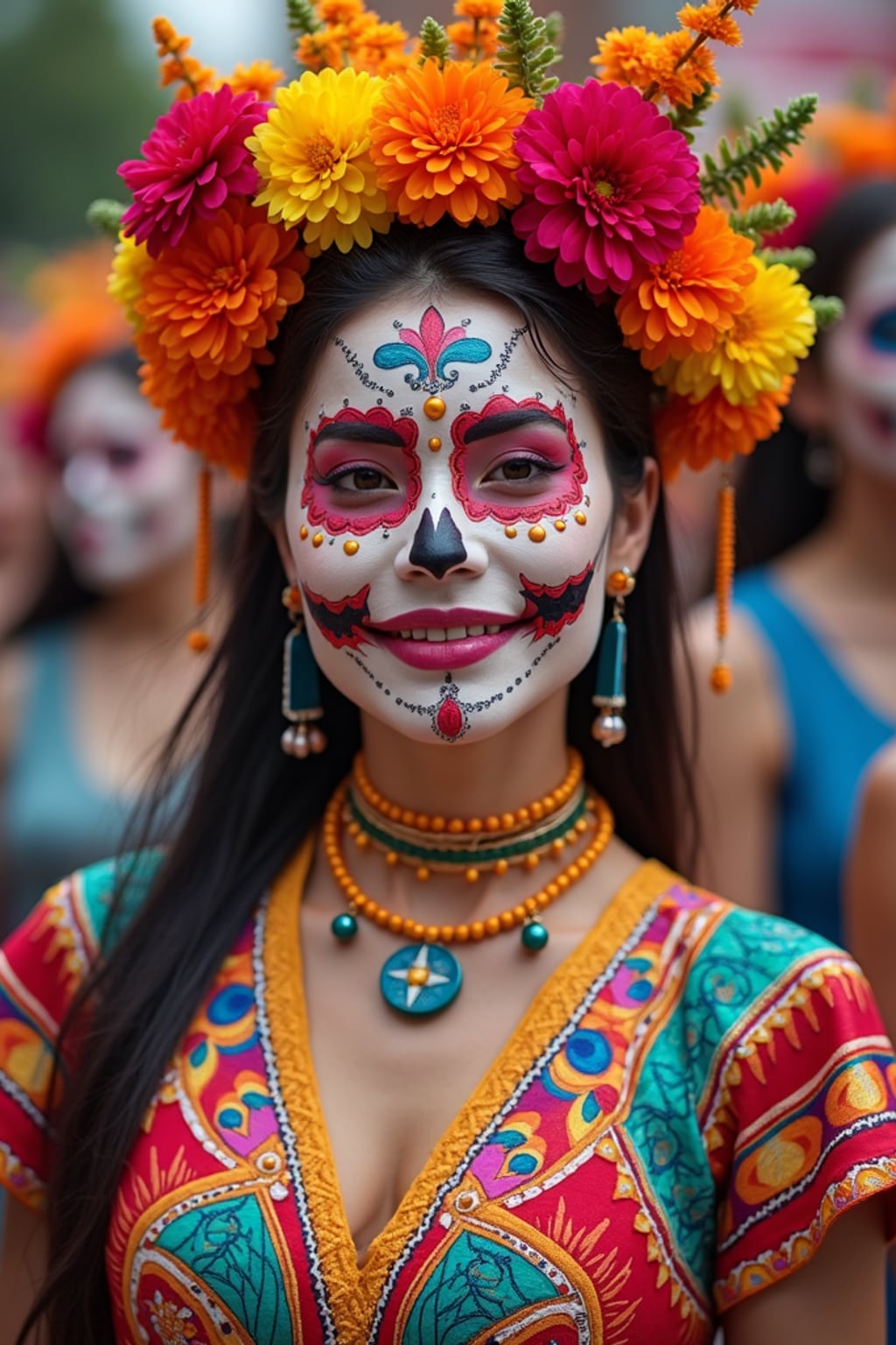 a woman in a colorful traditional dress with skull motifs , capturing their joyful energy during the celebrations, with sugar skulls and marigold decorations