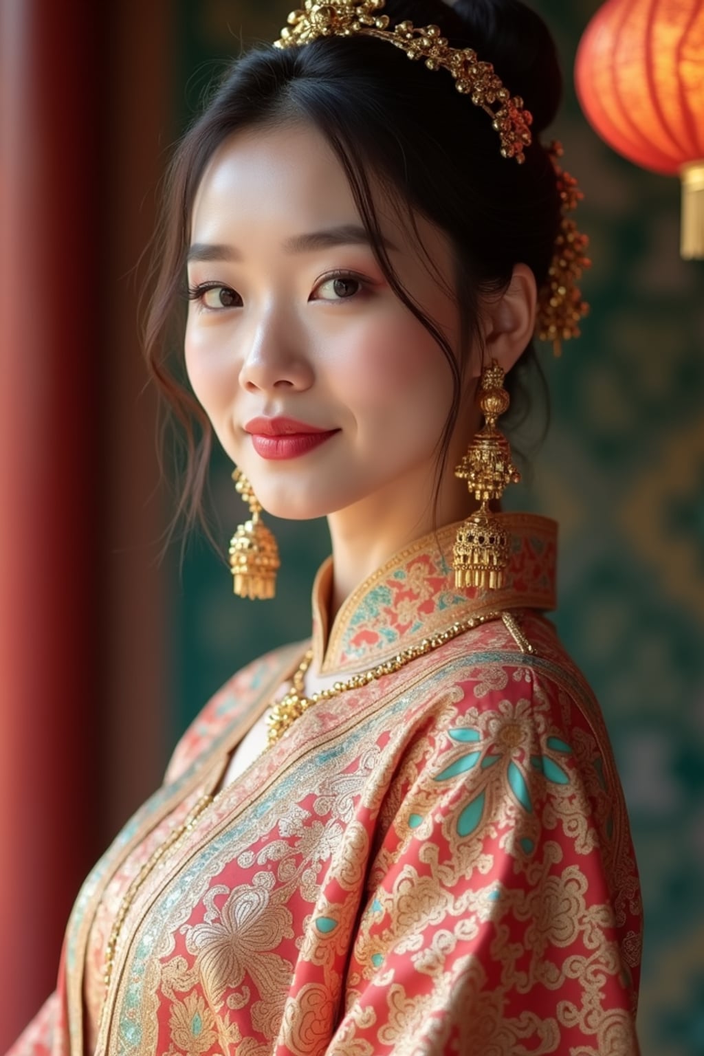 a stunning woman in a modern modest outfit with traditional elements , capturing their festive look against a backdrop of Islamic geometric patterns and Eid decorations
