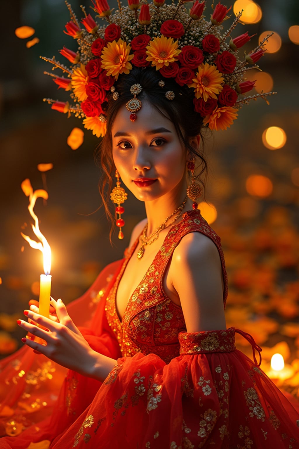 a woman in a vibrant Catrina costume with floral headdress , striking a pose with beautiful marigold petals and candlelight casting warm patterns