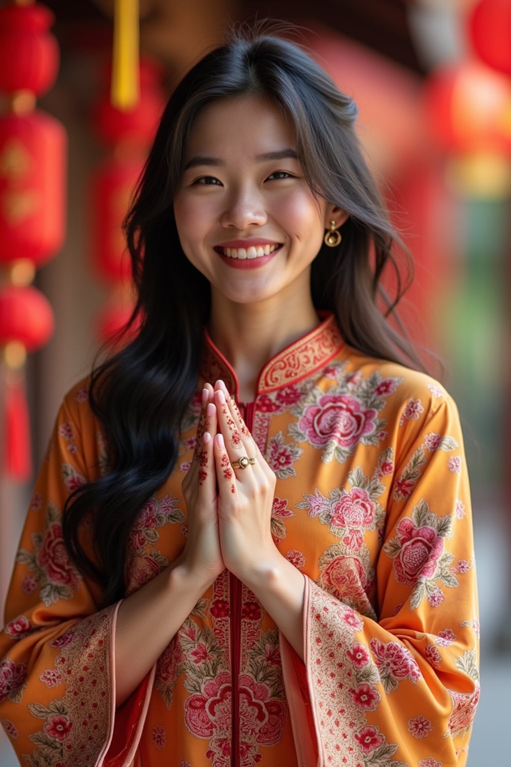 a woman in a modest yet fashionable Eid outfit , capturing their joyful energy during the celebrations, with henna designs and festive decorations