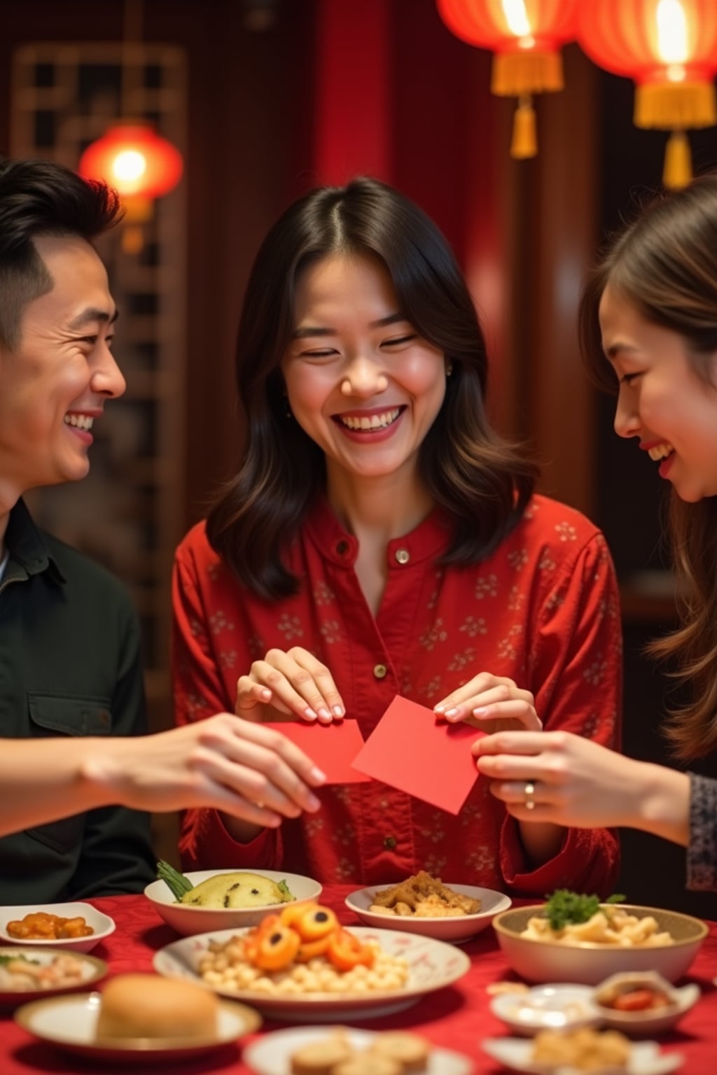 a woman enjoying Chinese New Year festivities, surrounded by family members exchanging red envelopes , with a table full of symbolic foods and sweet treats